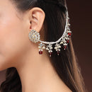 Traditional Gold Plated Kundan Studded Red And White Pearl Beaded Multilayer Ear Chain Earrings