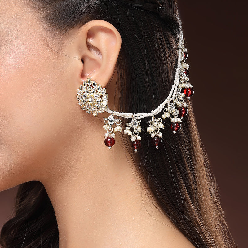 Traditional Gold Plated Kundan Studded Red And White Pearl Beaded Multilayer Ear Chain Earrings