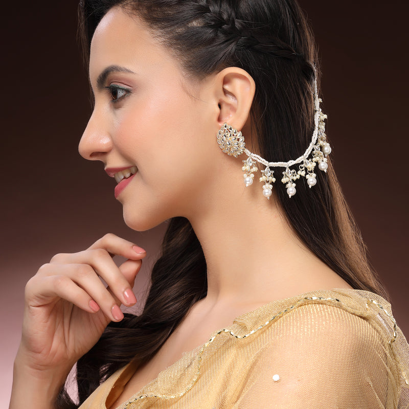Traditional Gold Plated Kundan Studded White Pearl Beaded Multilayer Ear Chain Earrings