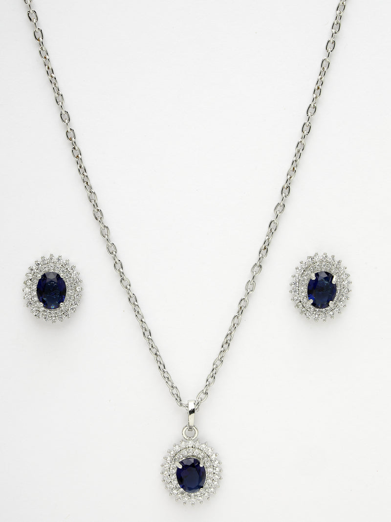 Rhodium Plated Silver Toned Oval Shaped Royal Blue American Diamond Studded Pendant Combo With Ring