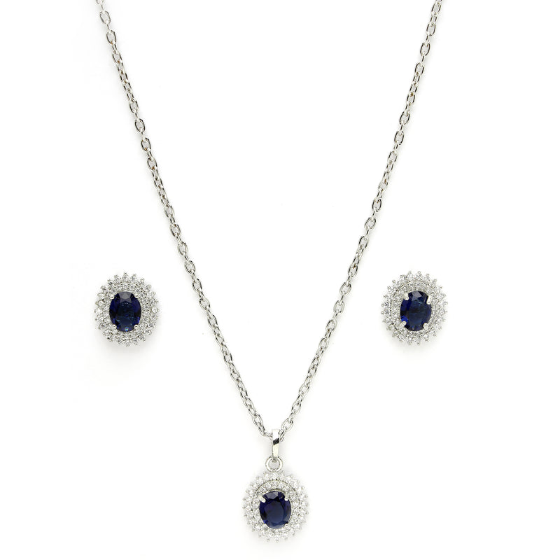 Rhodium Plated Silver Toned Oval Shaped Violet American Diamond Studded Pendant Combo With Ring