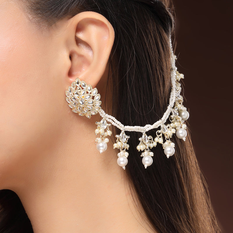 Traditional Gold Plated Kundan Studded White Pearl Beaded Multilayer Ear Chain Earrings