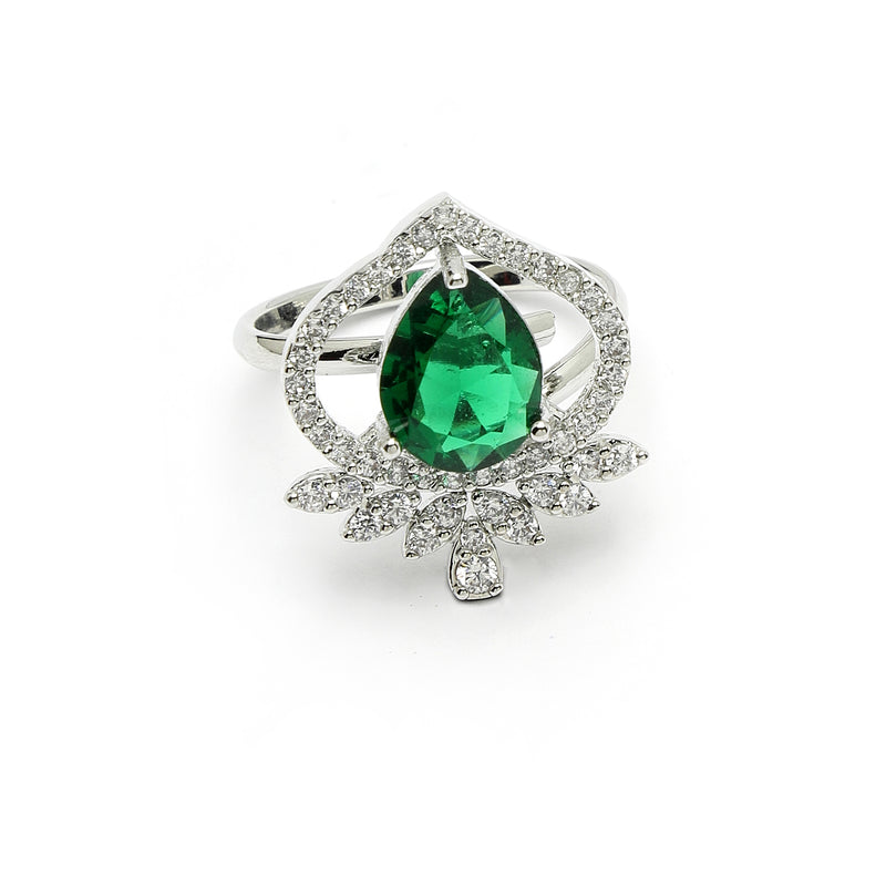 Rhodium Plated Silver Toned Green Tear Dropped  Shaped American Diamond Studded Pendant Combo With Ring