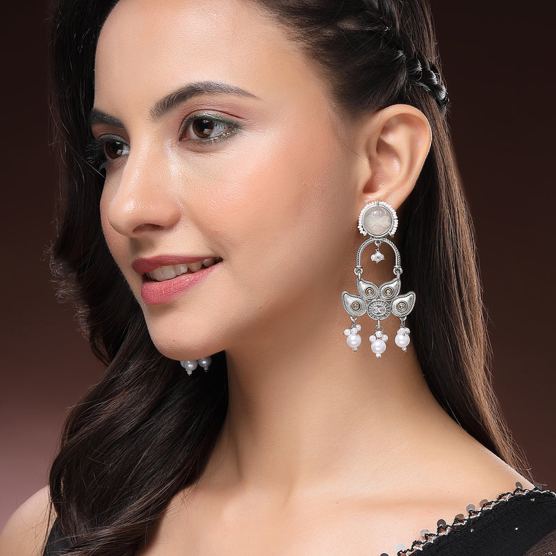Oxidised Floral Shaped Gray CZ Studded And Pearl Beaded Dangler Earrings