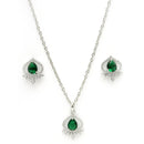 Rhodium Plated Silver Toned Green Tear Dropped  Shaped American Diamond Studded Pendant Combo With Ring