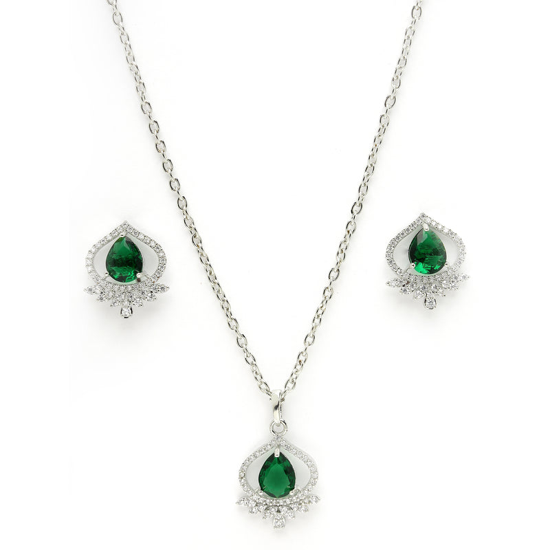Rhodium Plated Silver Toned Green Tear Dropped  Shaped American Diamond Studded Pendant Combo With Ring