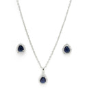 Rhodium Plated Silver Toned Tear Dropped Shaped Royal Blue American Diamond Studded Pendant Combo With Ring