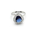 Rhodium Plated Silver Toned Tear Dropped Shaped Royal Blue American Diamond Studded Pendant Combo With Ring