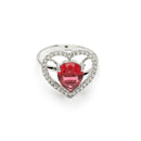 Rhodium Plated Silver Toned Heart Shaped Ruby Red American Diamond Studded Pendant Combo With Ring