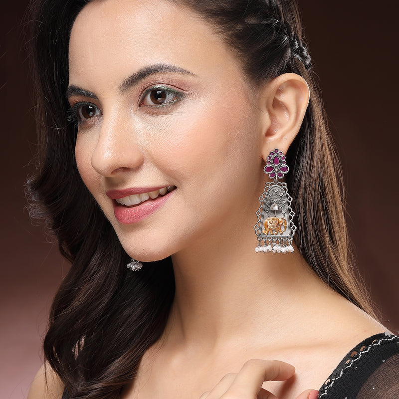 Oxidised Silver Plated Dual Toned Elephant Shaped Pearl Beaded Dangler Earrings