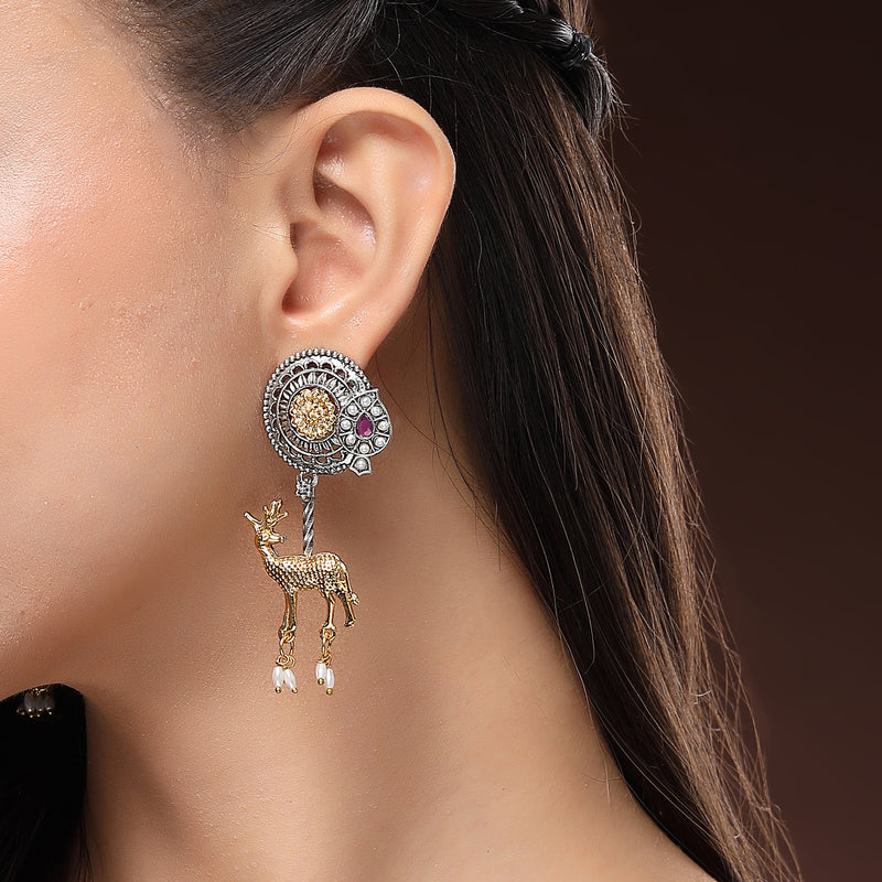 Oxidised Gold Plated Dual Toned Deer Shaped Pearl Beaded Drop Earrings