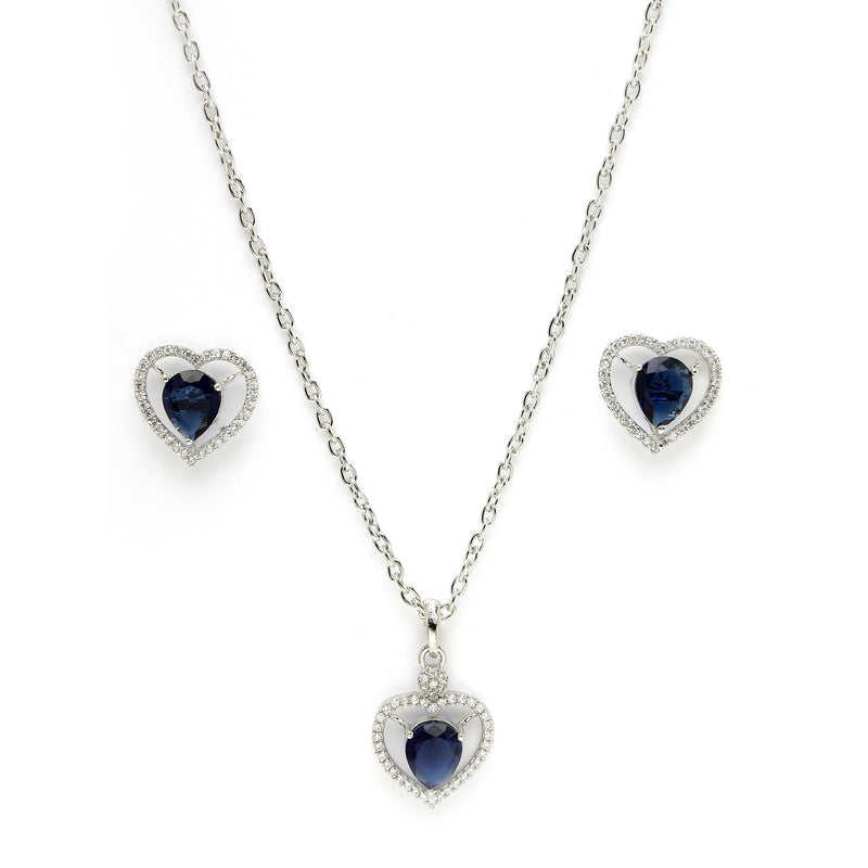 Rhodium Plated Silver Toned Heart Shaped Royal Blue American Diamond Studded Pendant Combo With Ring