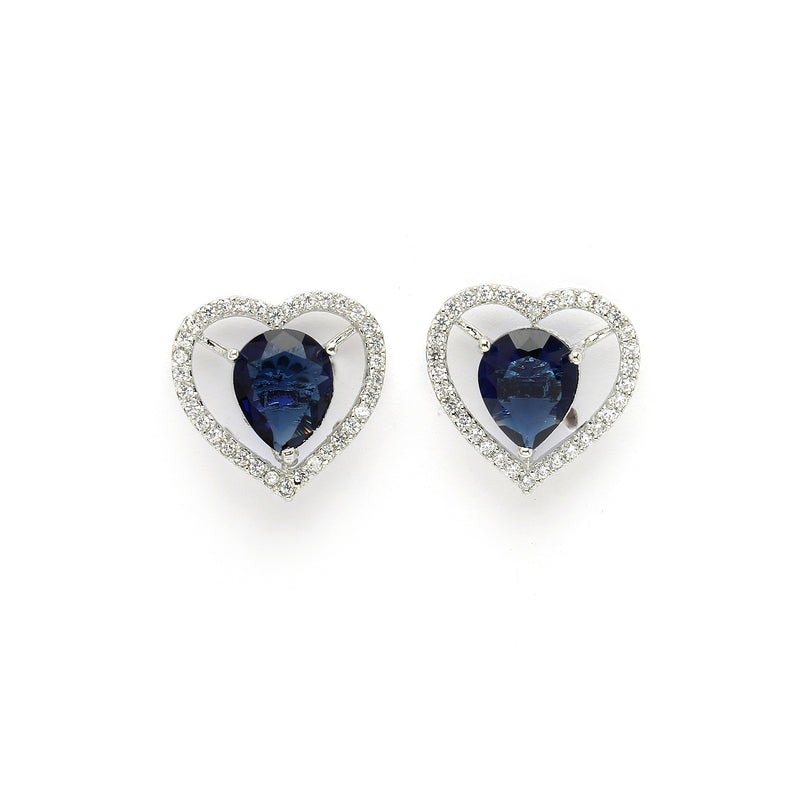 Rhodium Plated Silver Toned Heart Shaped Royal Blue American Diamond Studded Pendant Combo With Ring