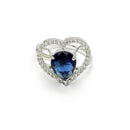 Rhodium Plated Silver Toned Heart Shaped Royal Blue American Diamond Studded Pendant Combo With Ring