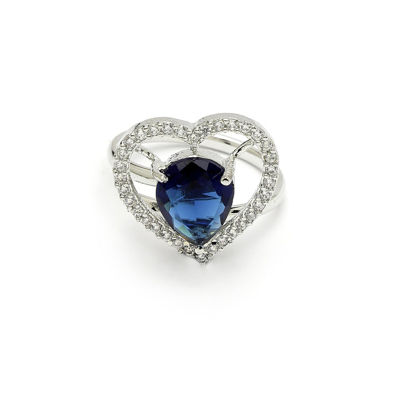 Rhodium Plated Silver Toned Heart Shaped Royal Blue American Diamond Studded Pendant Combo With Ring