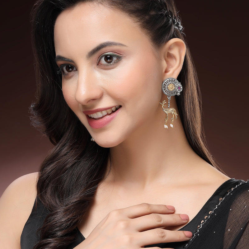 Oxidised Gold Plated Dual Toned Deer Shaped Pearl Beaded Drop Earrings