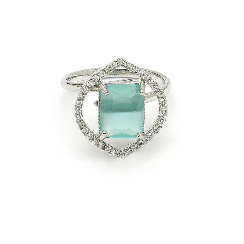 Rhodium Plated Silver Toned Sea Blue American Diamond Studded Pendant Combo With Ring