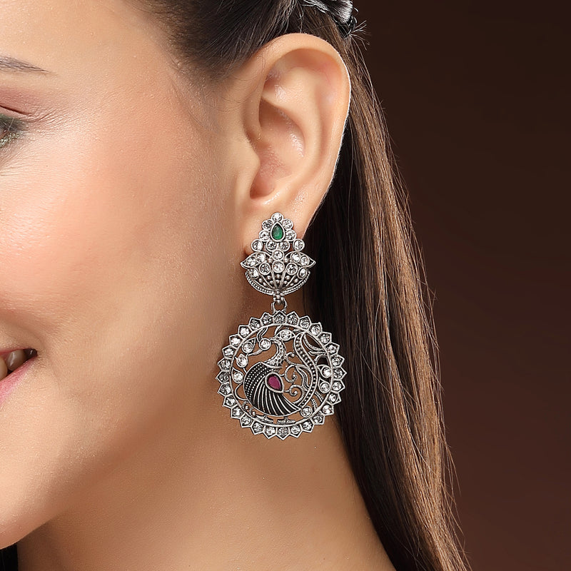 Oxidised Silver Toned Peacock Shaped Cubic Zirconia Stone Studded Drop Earrings