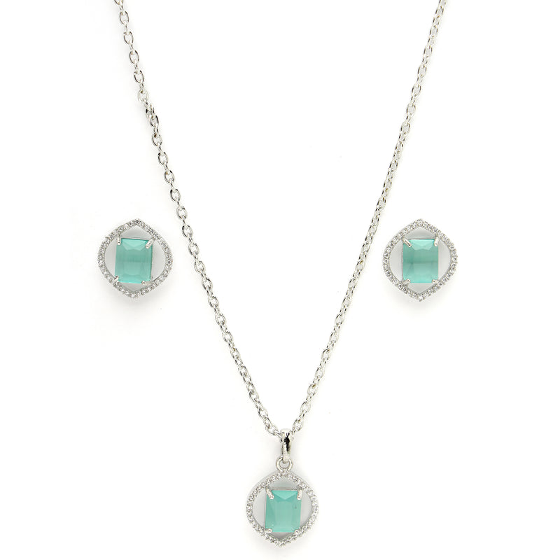 Rhodium Plated Silver Toned Sea Blue American Diamond Studded Pendant Combo With Ring