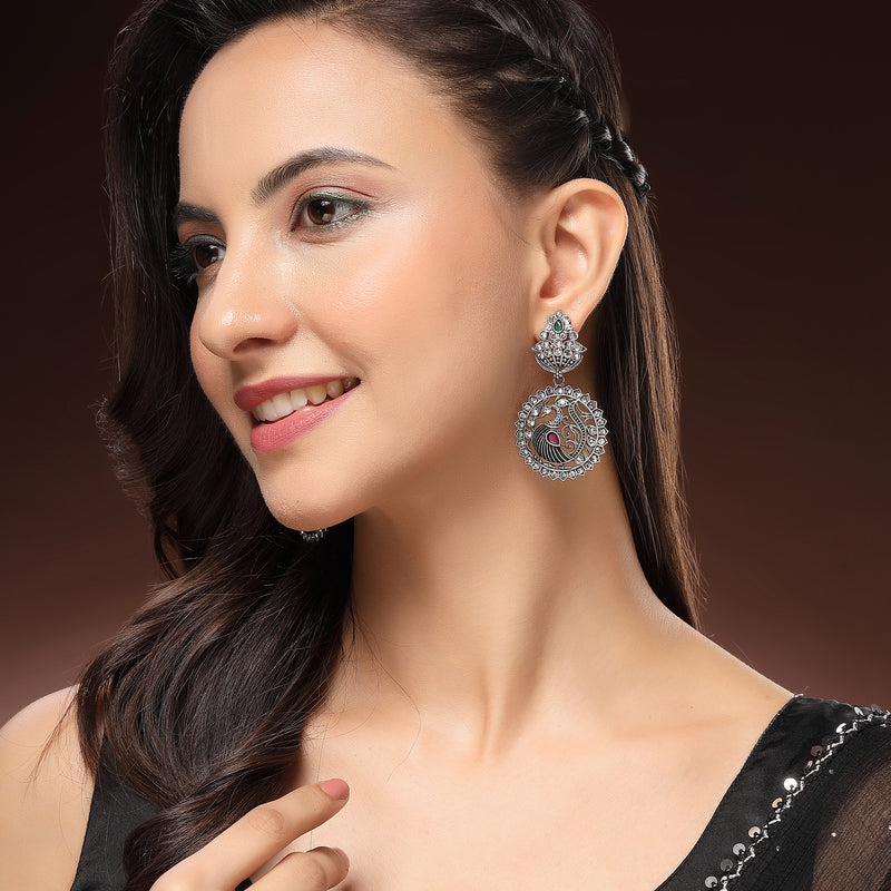 Oxidised Silver Toned Peacock Shaped Cubic Zirconia Stone Studded Drop Earrings