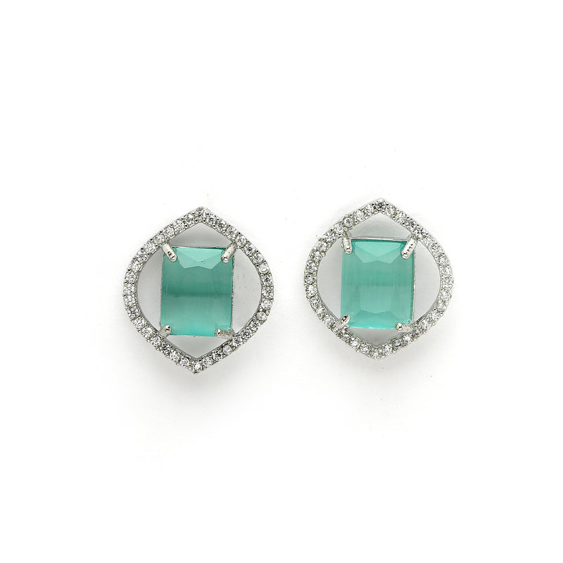 Rhodium Plated Silver Toned Sea Blue American Diamond Studded Pendant Combo With Ring