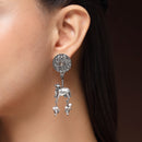 Oxidised Silver Toned Nandi Maharaj Pearl Studded Drop Earrings