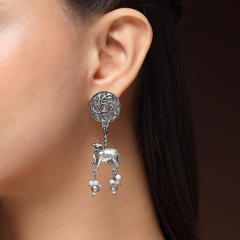 Oxidised Silver Toned Nandi Maharaj Pearl Studded Drop Earrings