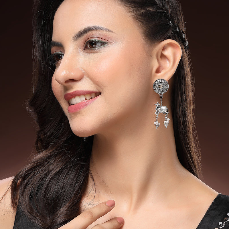 Oxidised Silver Toned Nandi Maharaj Pearl Studded Drop Earrings