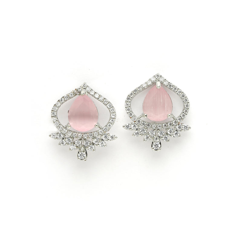 Rhodium Plated Silver Toned Pink Tear Dropped  Shaped American Diamond Studded Pendant Combo With Ring