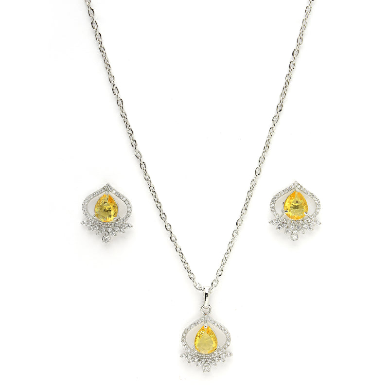 Rhodium Plated Silver Toned Yellow Tear dropped Shaped American Diamond Studded Pendant Combo With Ring