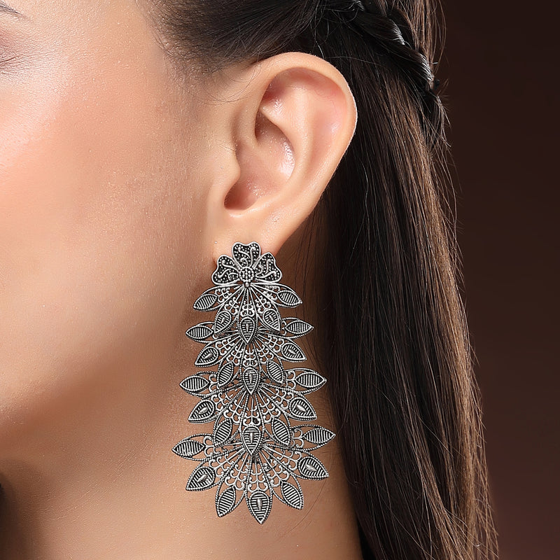 Oxidised Silver Toned Multi-Layer Leaf Design Dangler Earrings