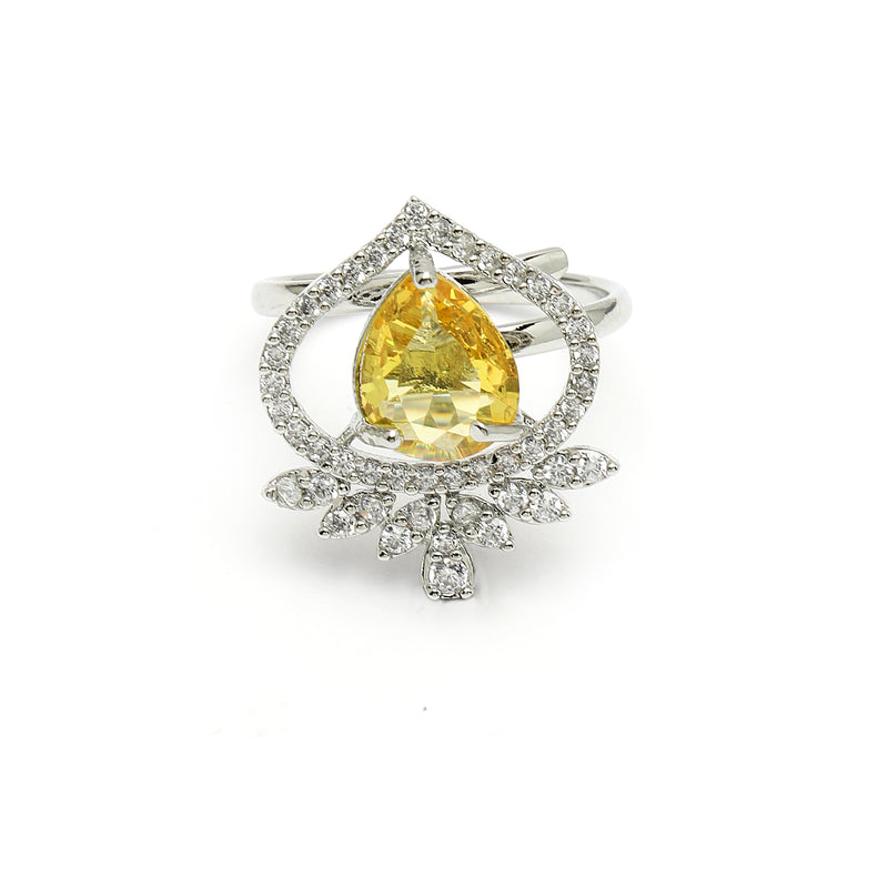 Rhodium Plated Silver Toned Yellow Tear dropped Shaped American Diamond Studded Pendant Combo With Ring