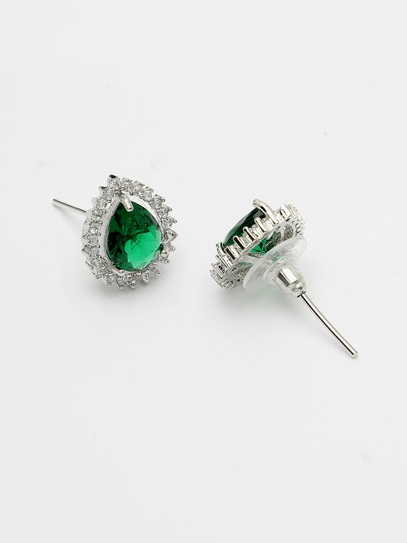 Rhodium Plated Silver Toned Tear Dropped Shaped Emerald Green American Diamond Studded Pendant Combo With Ring