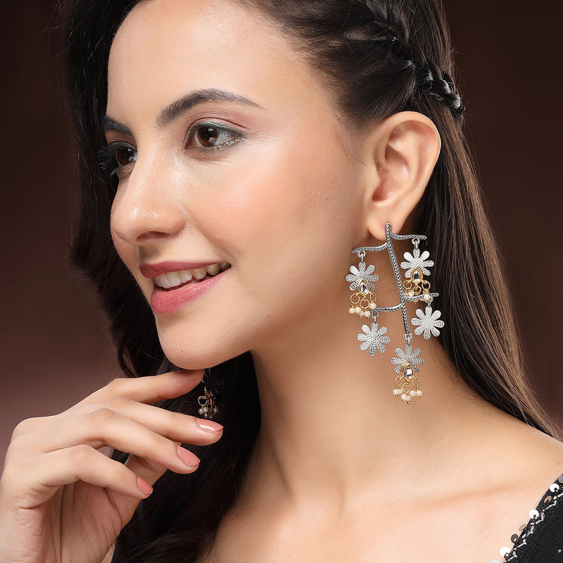 Oxidised Dual Toned Floral Shaped Pearl Beaded Dangler Earrings