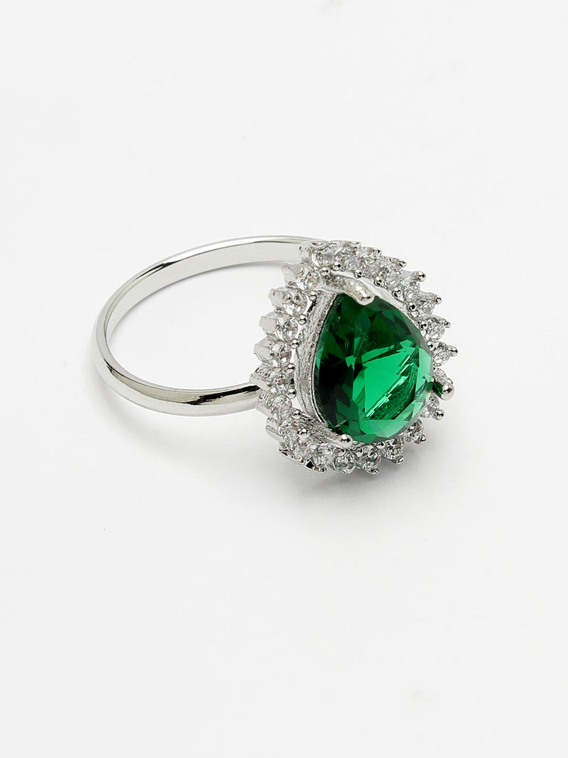Rhodium Plated Silver Toned Tear Dropped Shaped Emerald Green American Diamond Studded Pendant Combo With Ring