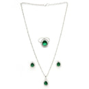 Rhodium Plated Silver Toned Tear Dropped Shaped Emerald Green American Diamond Studded Pendant Combo With Ring