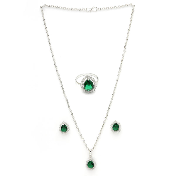 Rhodium Plated Silver Toned Tear Dropped Shaped Emerald Green American Diamond Studded Pendant Combo With Ring