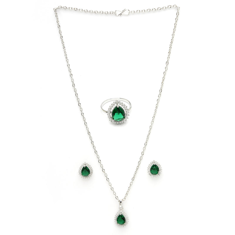 Rhodium Plated Silver Toned Tear Dropped Shaped Emerald Green American Diamond Studded Pendant Combo With Ring