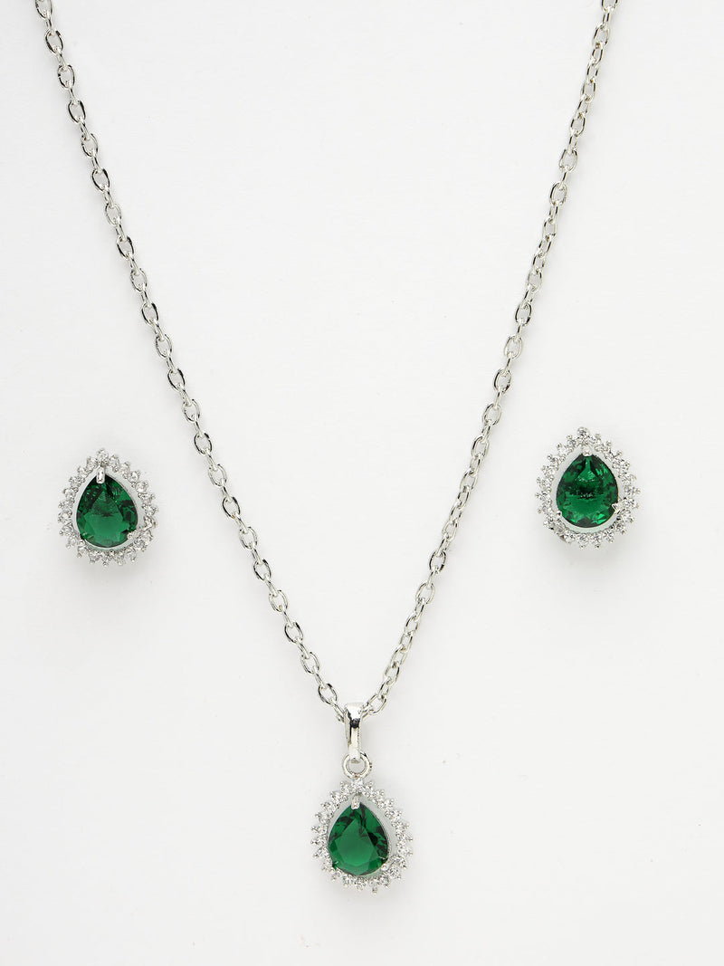 Rhodium Plated Silver Toned Tear Dropped Shaped Emerald Green American Diamond Studded Pendant Combo With Ring