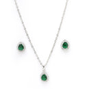 Rhodium Plated Silver Toned Tear Dropped Shaped Emerald Green American Diamond Studded Pendant Combo With Ring