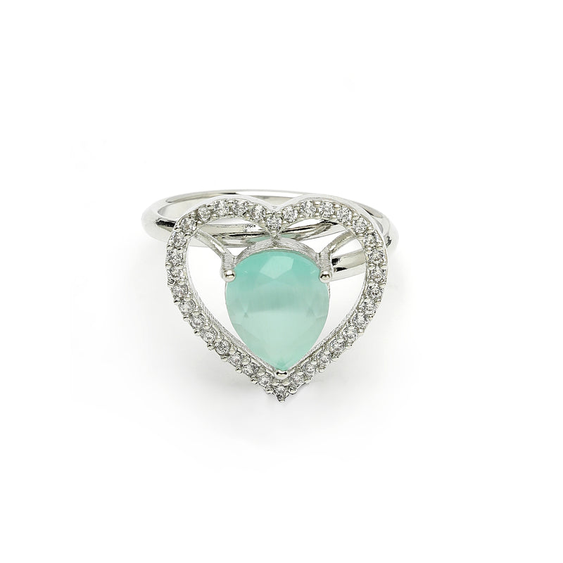 Rhodium Plated Silver Toned Heart Shaped Sea Blue American Diamond Studded Pendant Combo With Ring