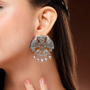 Oxidised Silver Toned Bird Shaped Pearl Beaded Earrings