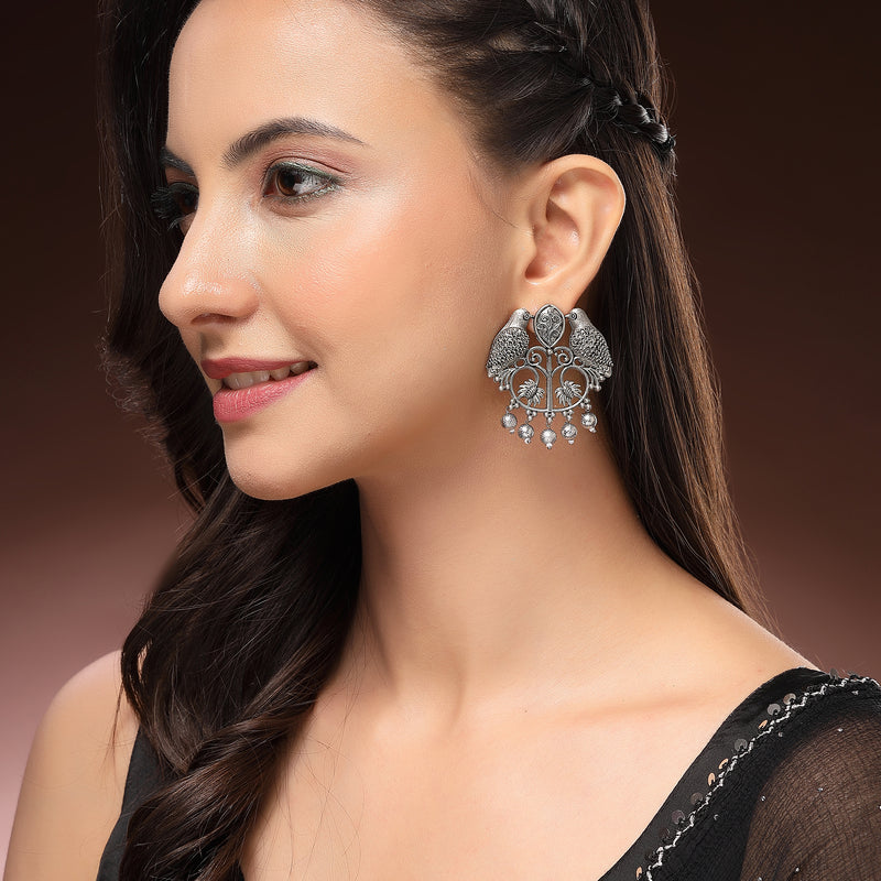 Oxidised Silver Toned Bird Shaped Pearl Beaded Earrings