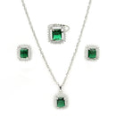 Rhodium Plated Silver Toned Emerald Square Shaped American Diamond Studded Pendant Combo With Ring