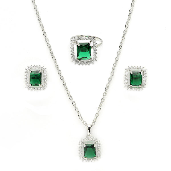 Rhodium Plated Silver Toned Emerald Square Shaped American Diamond Studded Pendant Combo With Ring