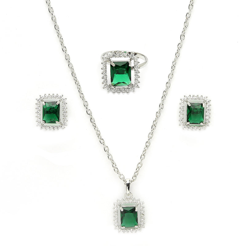 Rhodium Plated Silver Toned Emerald Square Shaped American Diamond Studded Pendant Combo With Ring