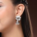 Oxidised Silver Toned Floral White Pearl Studded Jhumki Earrings