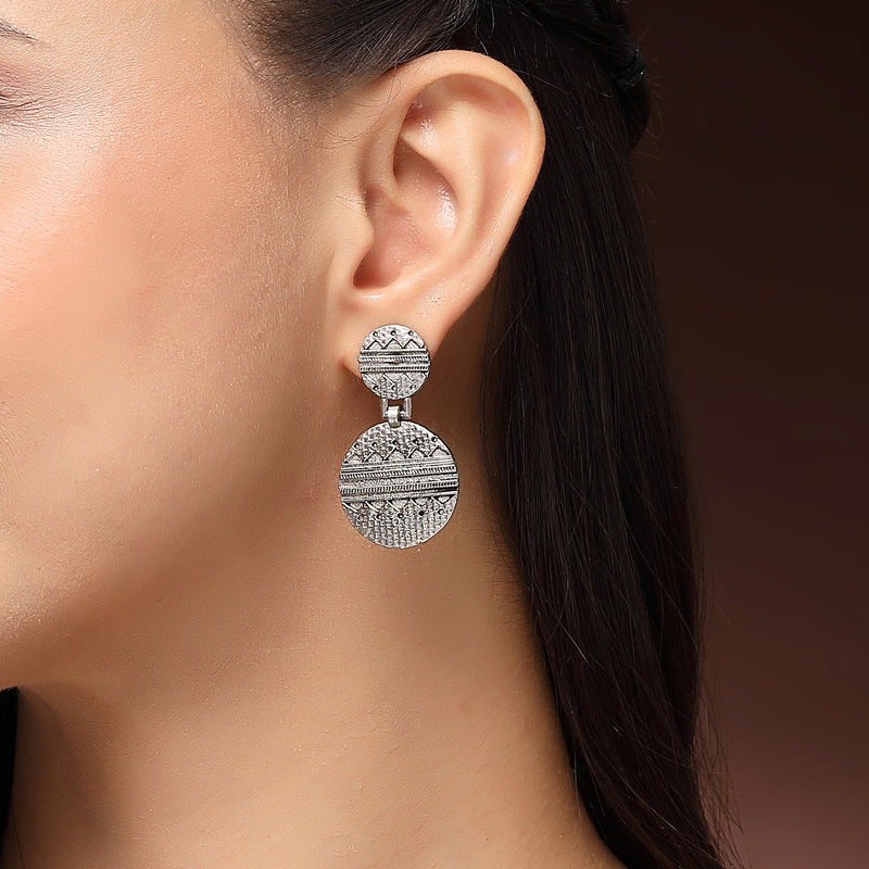 Oxidised Unique Quirky Engraved Design Tribal Style Drop Earrings