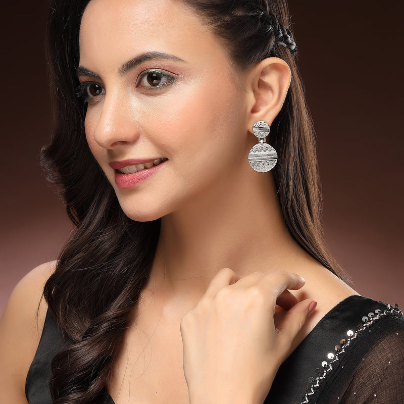 Oxidised Unique Quirky Engraved Design Tribal Style Drop Earrings