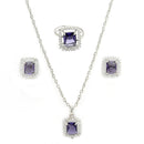 Rhodium Plated Silver Toned Square Shaped Violet American Diamond Studded Pendant Combo With Ring